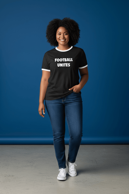 Football Unites Pride Black T-Shirt with White Detail and Red Central Crest - Custom Training Wear for Girls & Women in Football