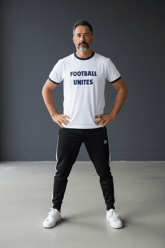 Football Unites White T-Shirt with Dark Blue Text & Ringer - Custom Training Wear for Girls & Women in Football
