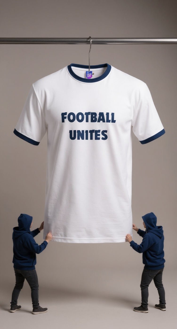 Football Unites White T-Shirt with Dark Blue Text & Ringer - Proud Pitch Wear