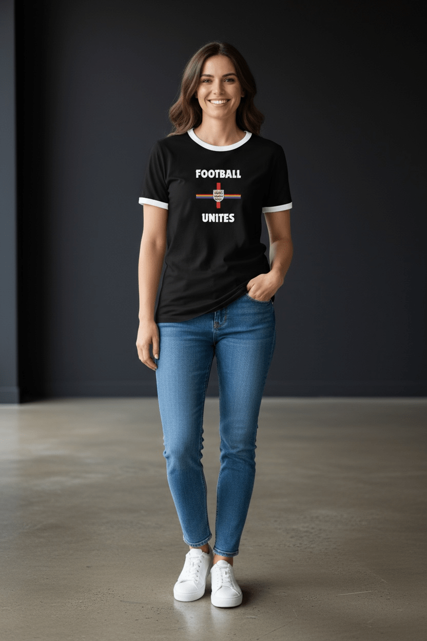 Football Unites Pride Black T-Shirt with White Detail and Red Central Crest - Custom Training Wear for Girls & Women in Football