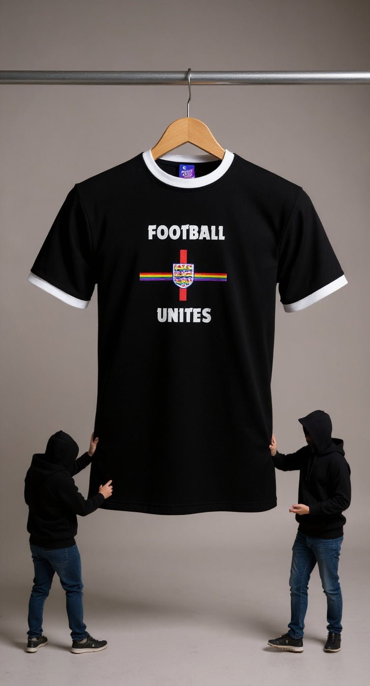 Football Unites Pride Black T-Shirt with White Detail and Red Central Crest - Proud Pitch Wear