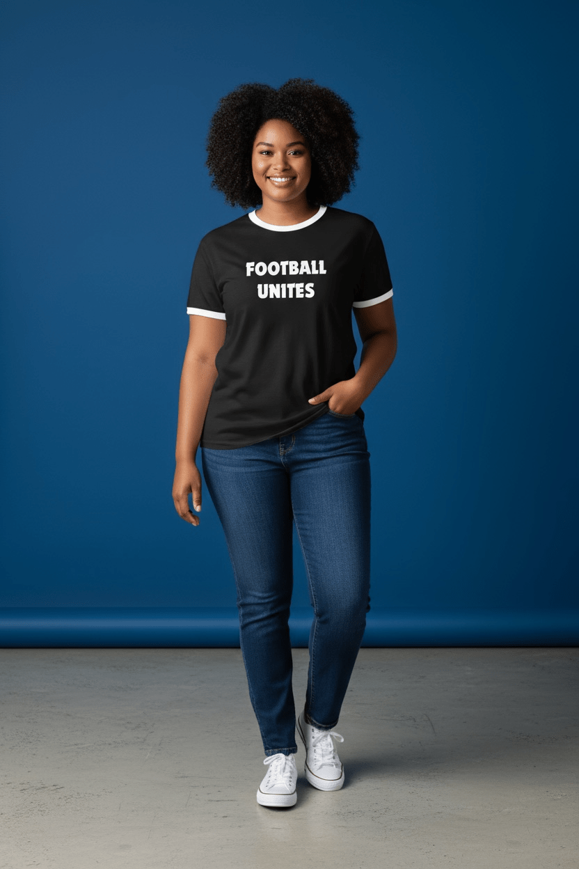 Football Unites Pride Black T-Shirt with White Detail and Red Central Crest - Custom Training Wear for Girls & Women in Football