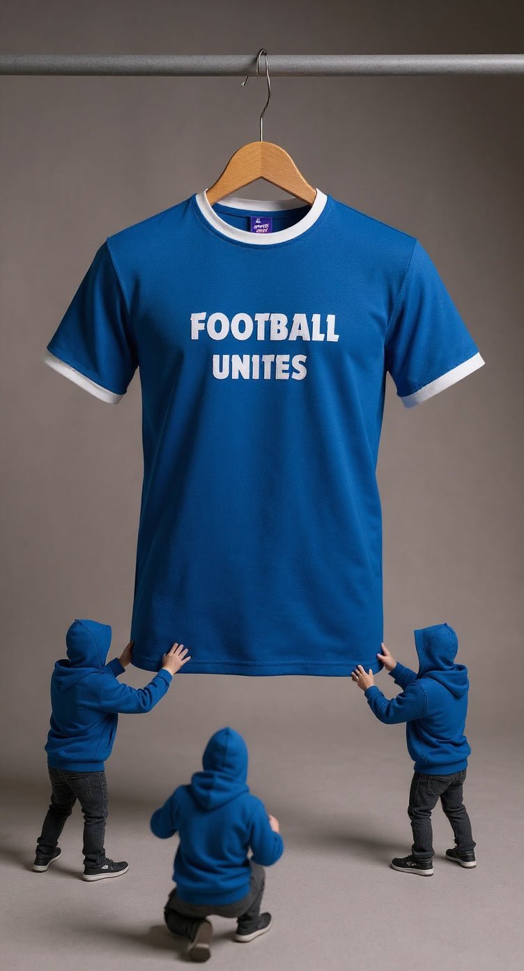 Football Unites Proud Blue T-Shirt with White Detail and Optional Central Crest - Proud Pitch Wear