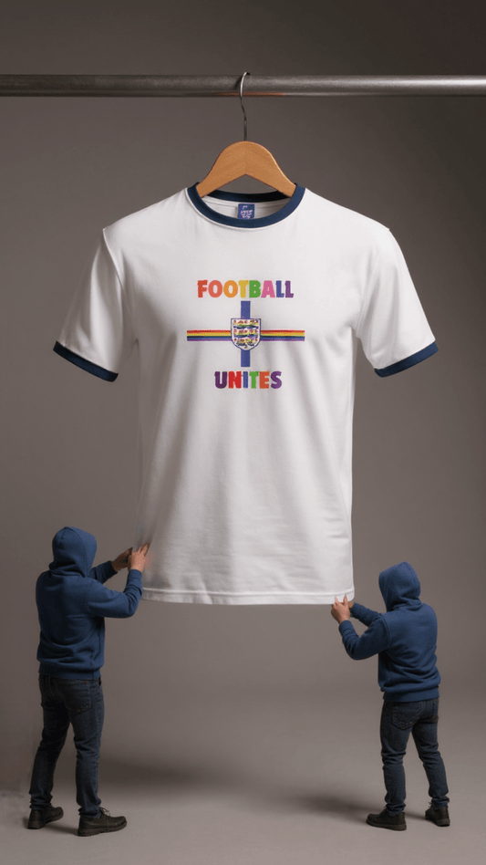 Football Unites White T-Shirt with Navy Detail and Central Crest - Proud Pitch Wear
