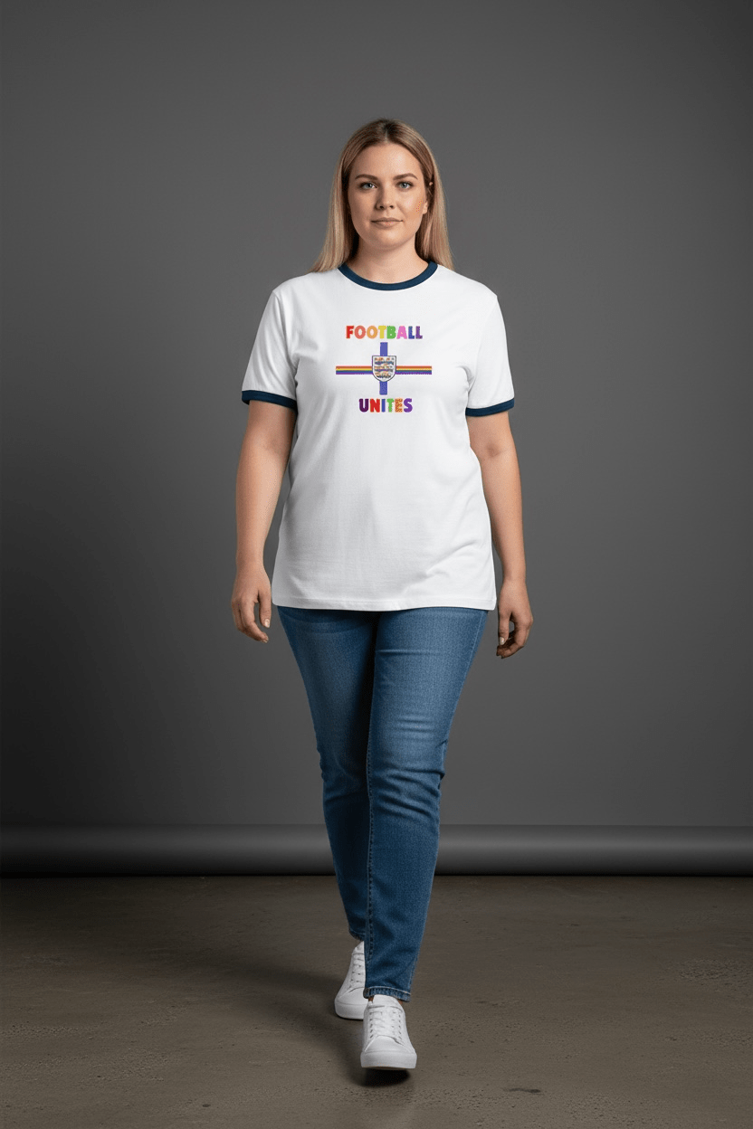 Football Unites White T-Shirt with blue Detail and Central Crest - Proud Pitch Wear