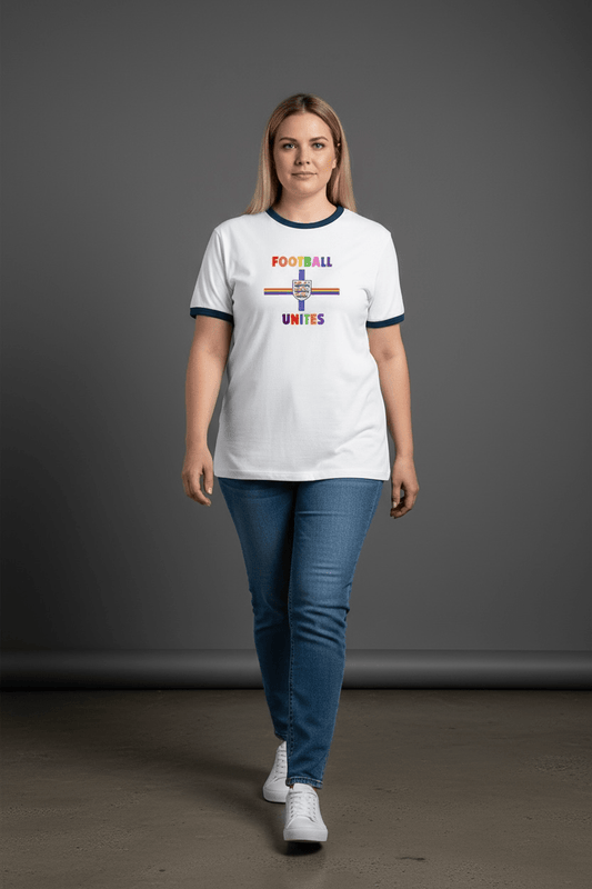 Football Unites White T-Shirt with blue Detail and Central Crest - Proud Pitch Wear