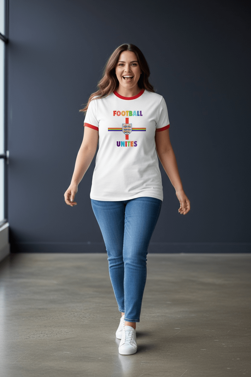 Football Unites White T-Shirt with Red Detail and Central Crest - Proud Pitch Wear