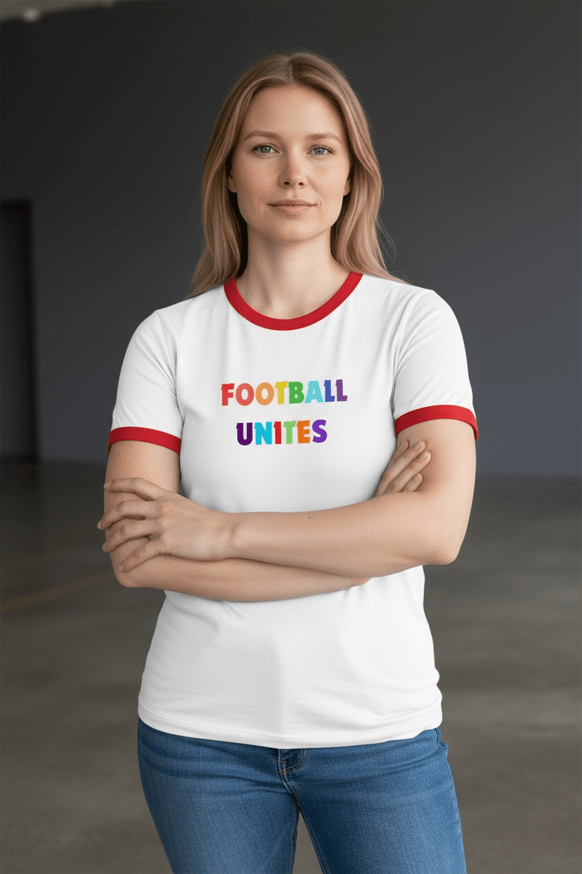 Football Unites White T-Shirt with Red Detail and Central Crest - Proud Pitch Wear