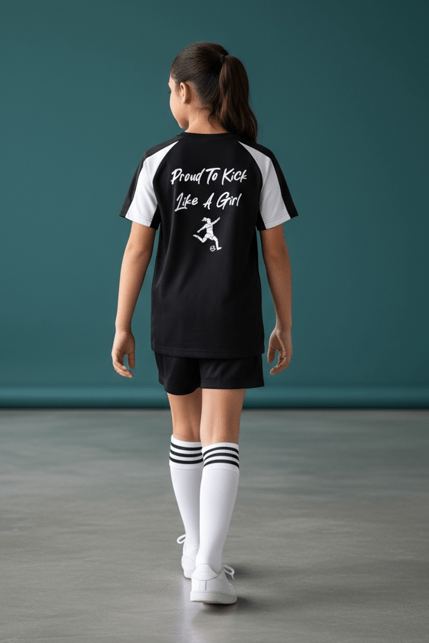 Girls Training Top - Back Design or Front Option - Proud to Kick Like A Girl - Custom Wear for Girls & Women in Football