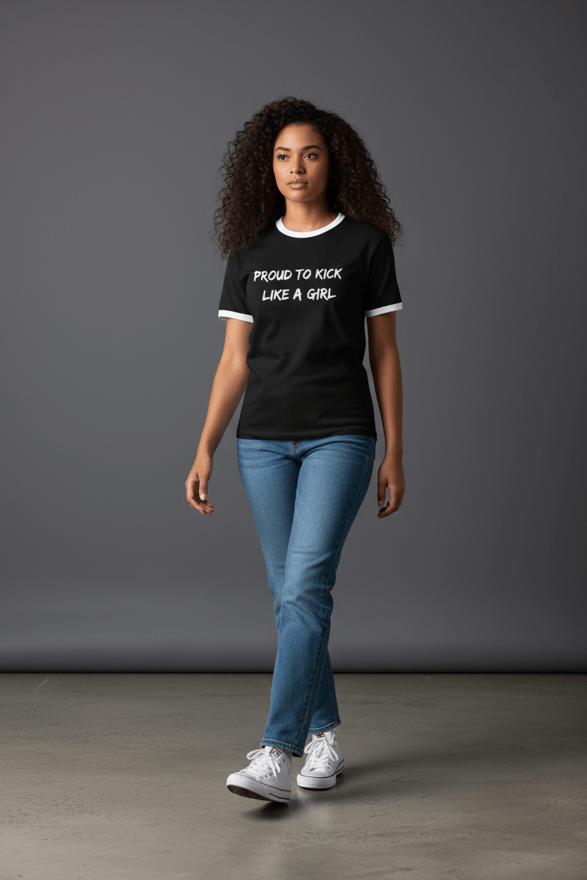 Proud To Kick Like A Girl Black Ringer T-Shirt - Custom Training Wear for Girls & Women in Football