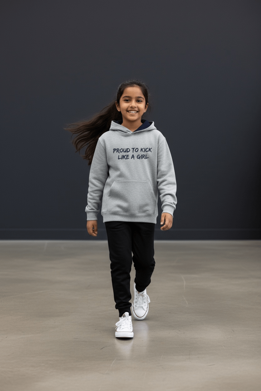 Girls Football Hoodie - Just a Girl Who Loves Football Grey with Dark Blue Hood