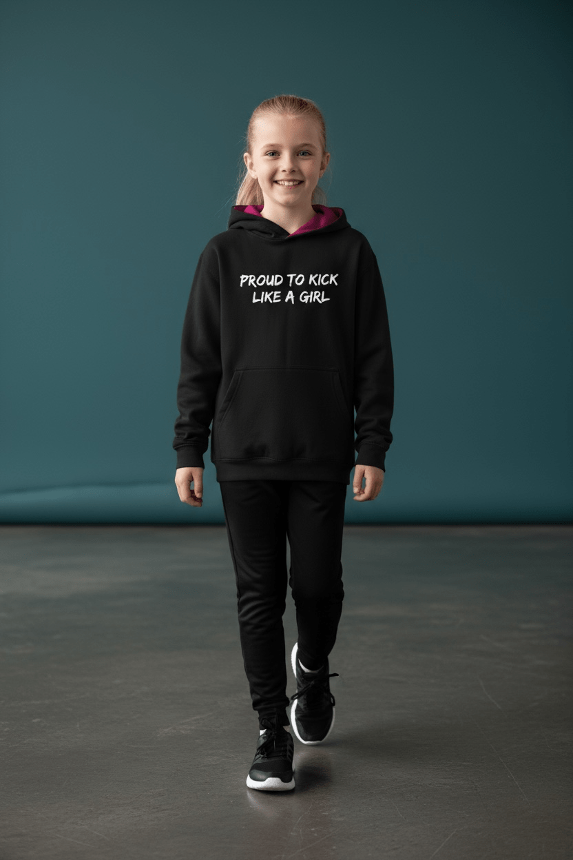 Girls Football Hoodie - Just a Girl Who Loves Football Black with Fushia Hood
